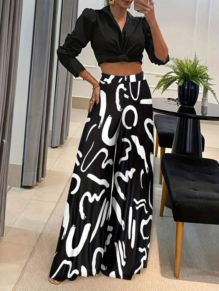 Elegant Geometric Print Loose Wide Leg Fashionable Pants For Women | SHEIN