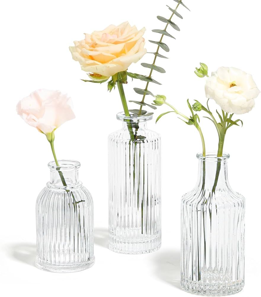 ComSaf Glass Bud Vases Set of 3, Small Flower Vases in Bulk, Mini Ribbed Vases for Centerpieces, ... | Amazon (US)