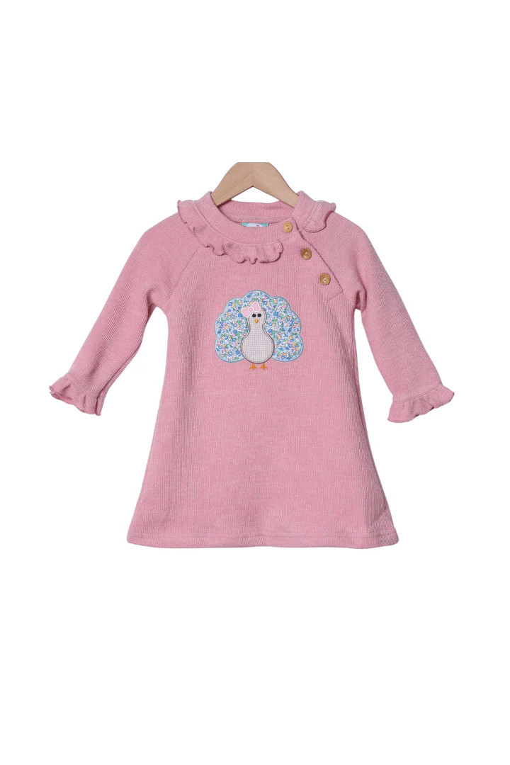 Applique Floral Turkey Pink Cardigan Ruffle Dress | The Smocked Flamingo