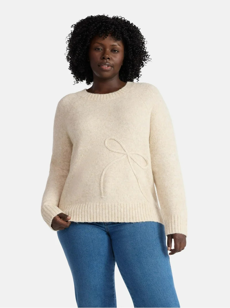 Terra & Sky Women’s Plus Bow Stitch Crewneck Sweater, Lightweight, Sizes 0X-4X | Walmart (US)