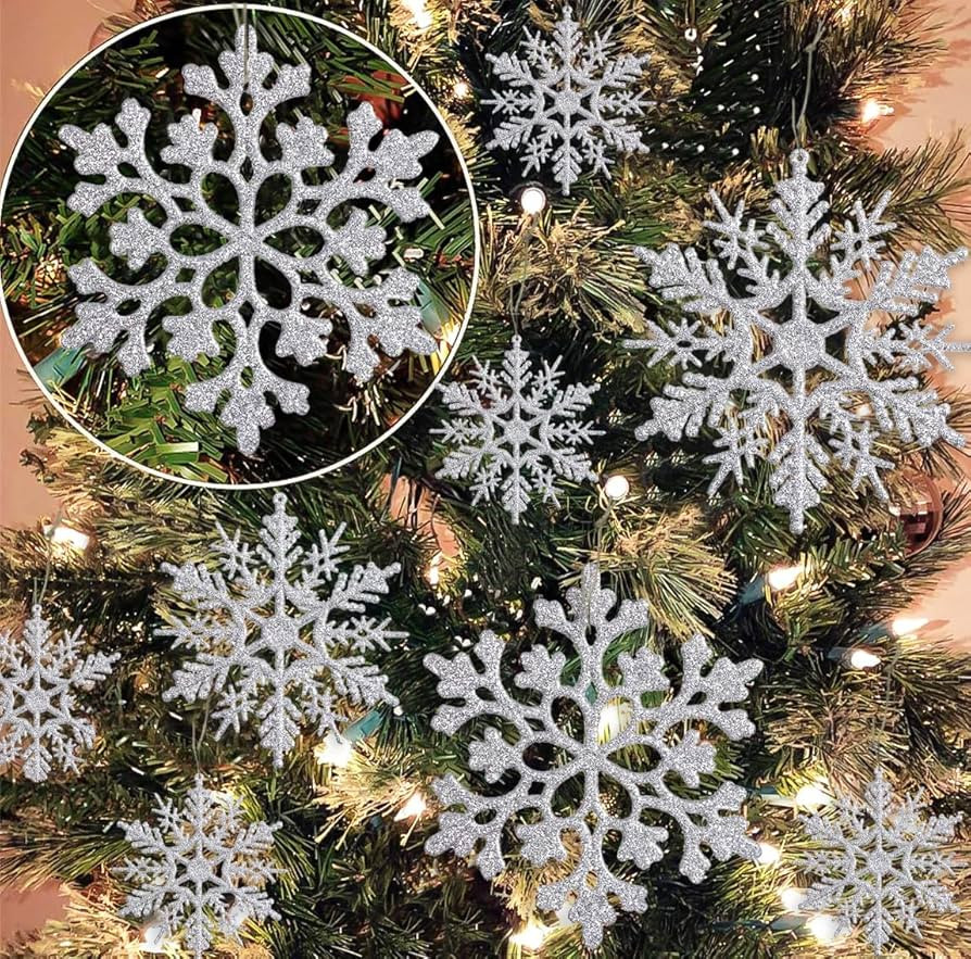36 Pack Silver Snowflake Ornaments Plastic Glitter Snow Flakes Ornaments for Winter Christmas Tre... | Amazon (US)