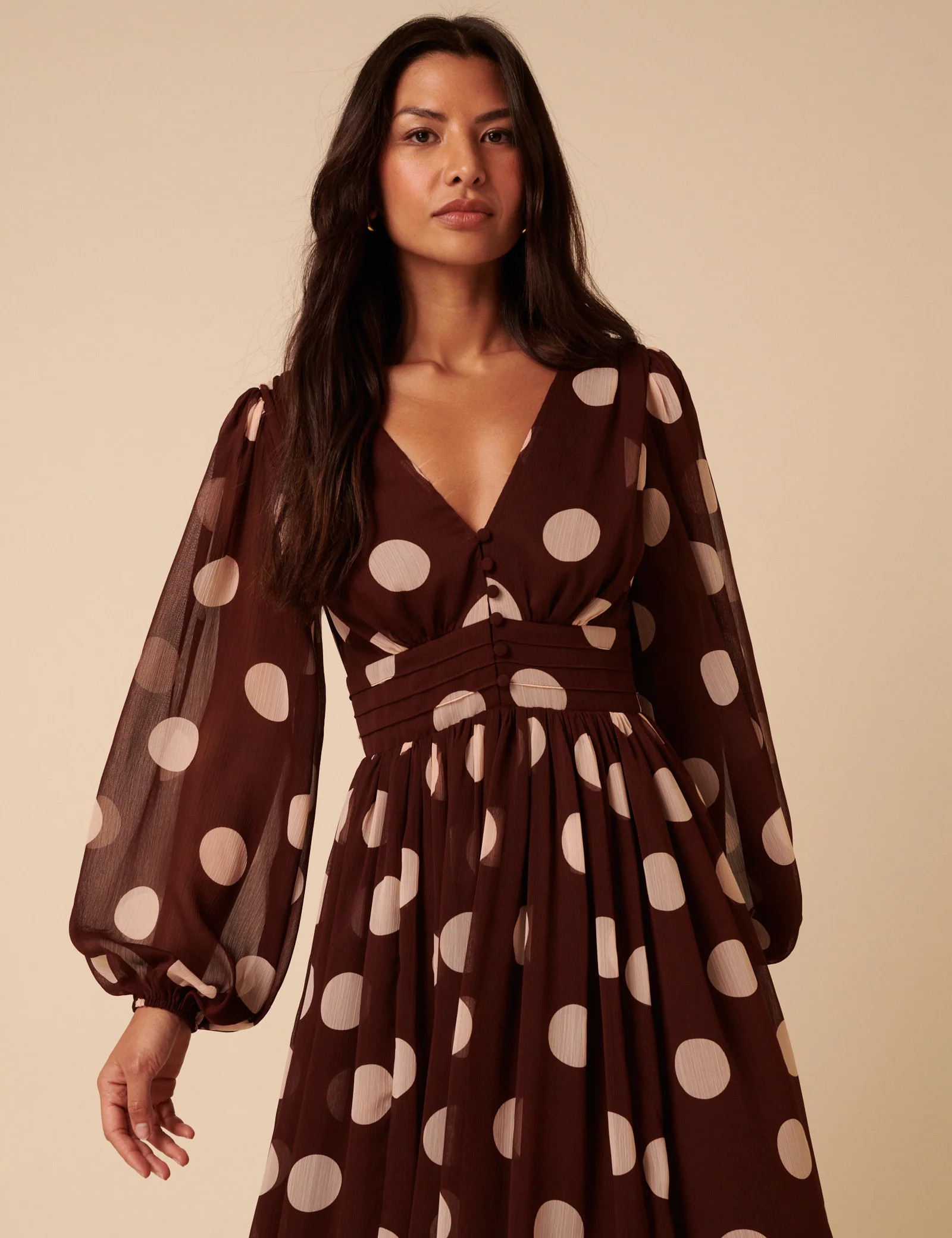 Brown Polka Dot Balloon Sleeve Anya Midi Dress | Nobody's Child