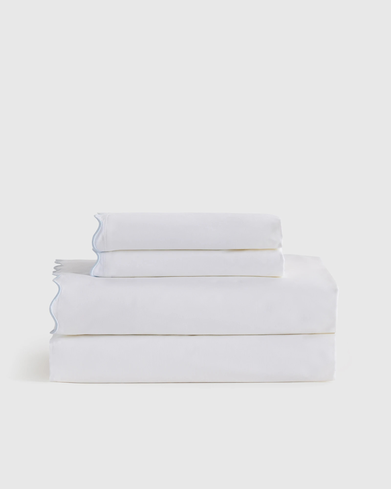 Quince | Classic Organic Percale Scallop Fitted Sheet Set in White/Mist, Size Queen, Percale Cotton | Quince