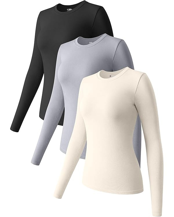 OQQ Womens 3 Piece Long Sleeve Tops Crew Neck Stretch Fitted Underscrubs Layer Tee Shirts 2025 Ca... | Amazon (US)