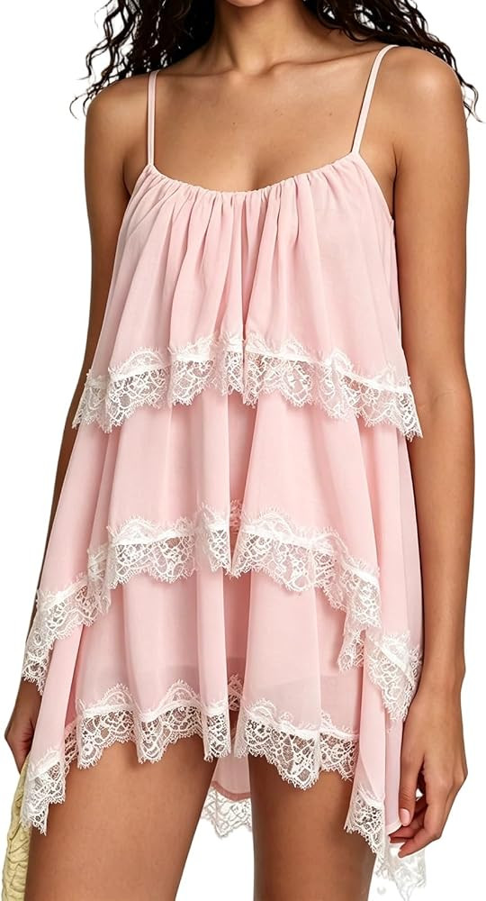 Women Lace Mini Dress Y2k Sexy Sleeveless Spaghetti Strap Slip Sundress | Amazon (US)