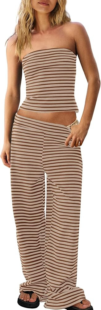Panadila Womens Striped Two Piece Sets Summer Lounge Outfits Sailor Tube Top and Pants Matching S... | Amazon (US)
