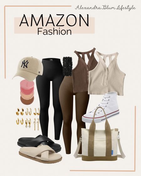 Amazon outfit idea!! Casual lounge outfit! Leggings, cropped tank tops, puff sandals, canvas tote bag, high top sneakers, gold earrings trendy set, blush and bronzer set, silk hair ties, and state baseball hat! 

#LTKfit #LTKunder50 #LTKSeasonal