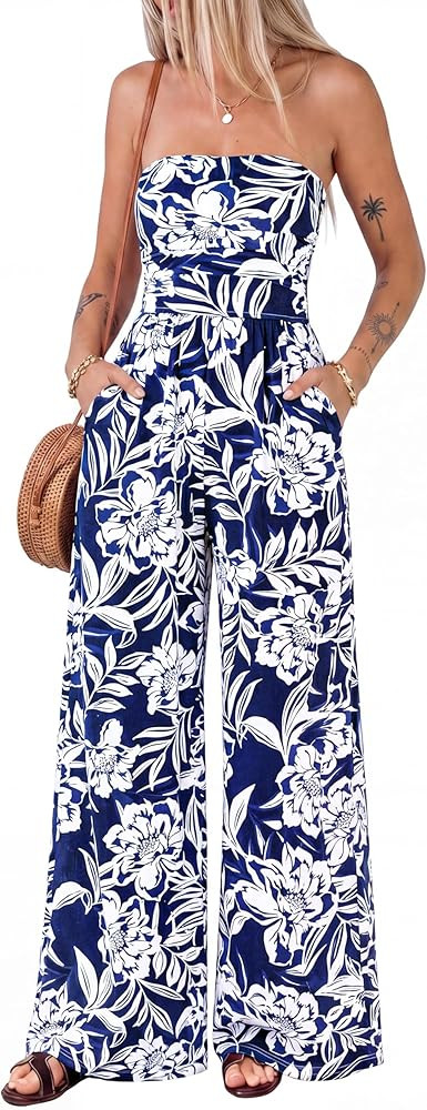 BTFBM Jumpsuits For Women Casual 2026 Floral Strapless Jumpsuit Wide Leg Rompers Beach Vacation C... | Amazon (US)