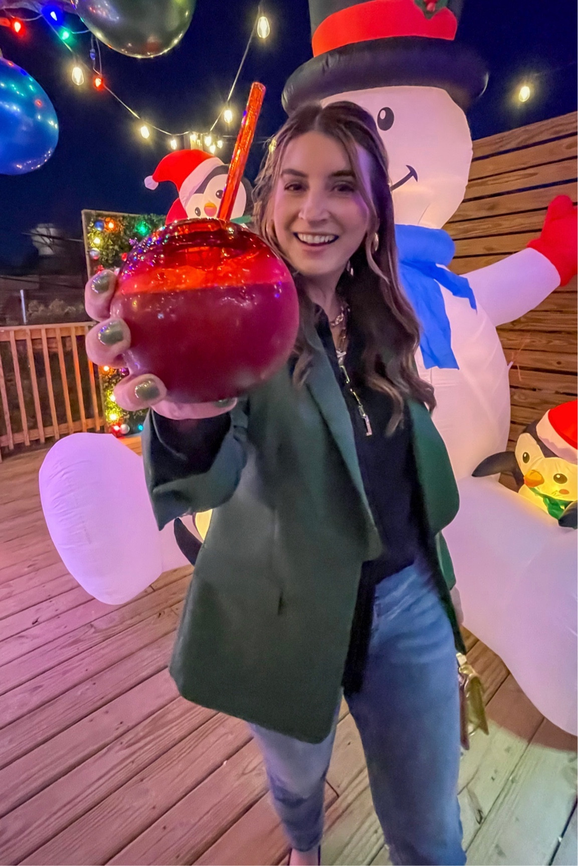 Forest green blazer, black silk blouse, straight leg jeans, Mary Jane shoes, black heels, gold chain necklace, checker print iPhone case, festive outfit, holiday outfit, workwear, business casual, fall outfit, fall fashion, Christmas outfit 

#LTKfindsunder50 #LTKstyletip #LTKHoliday