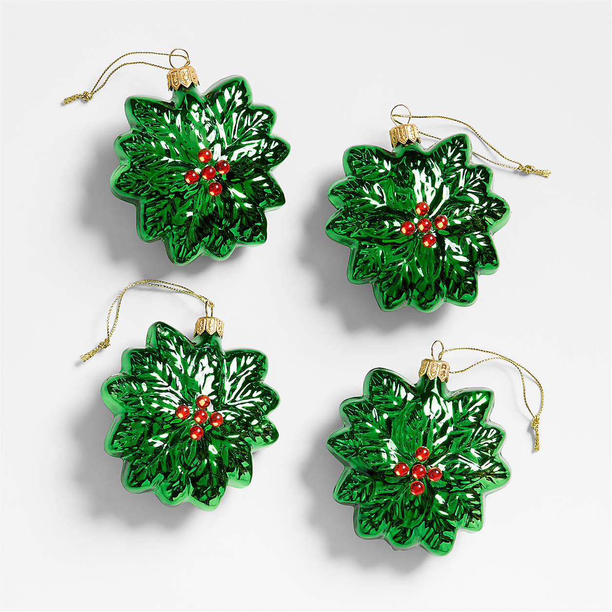 European Glass Holly Christmas Tree Ornament, Set of 4 | Crate & Barrel | Crate & Barrel