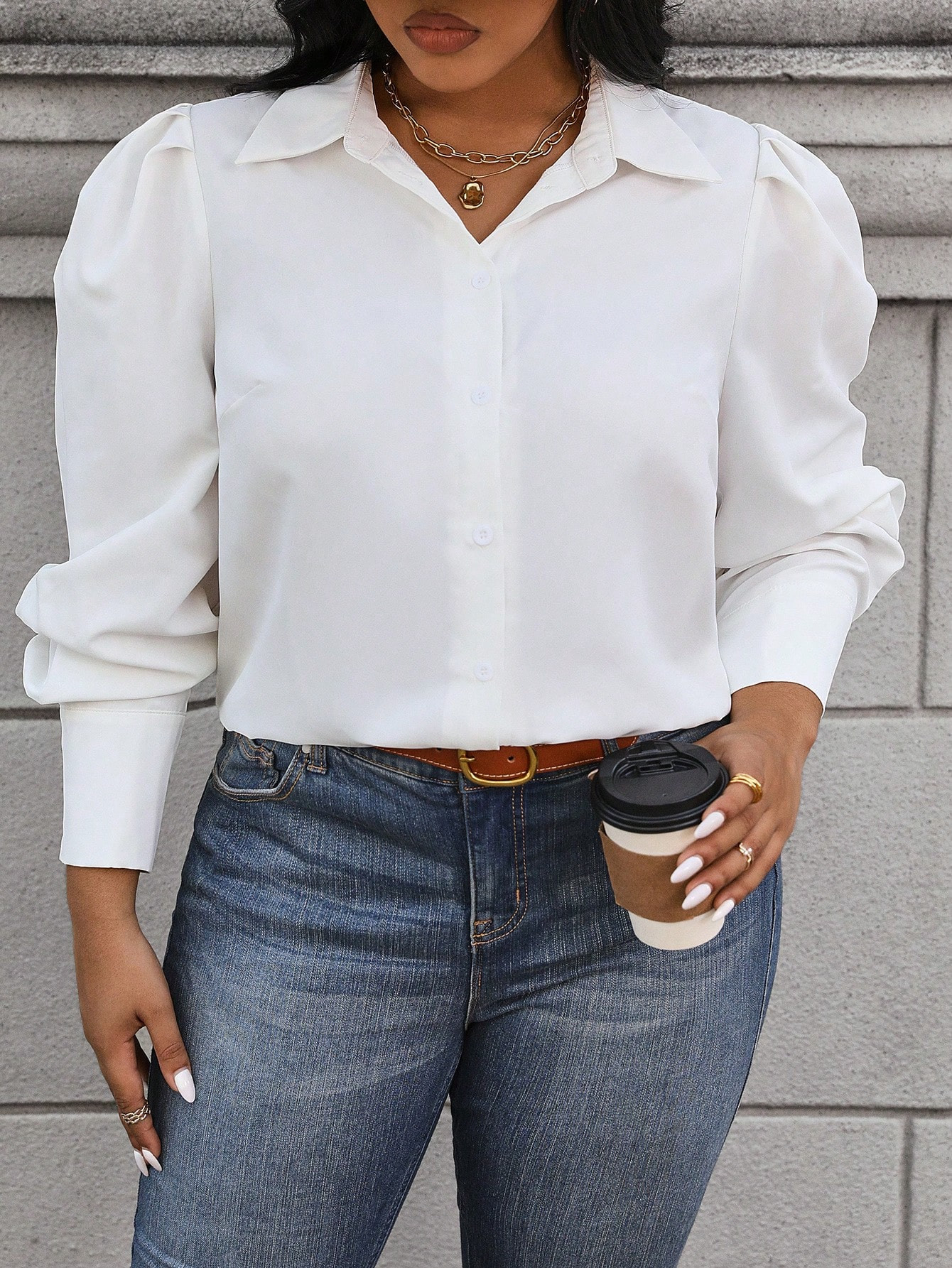 SHEIN Essnce Women's Plus Size Front Middle Placket Turn-down Collar Puff Sleeve Shirt | SHEIN