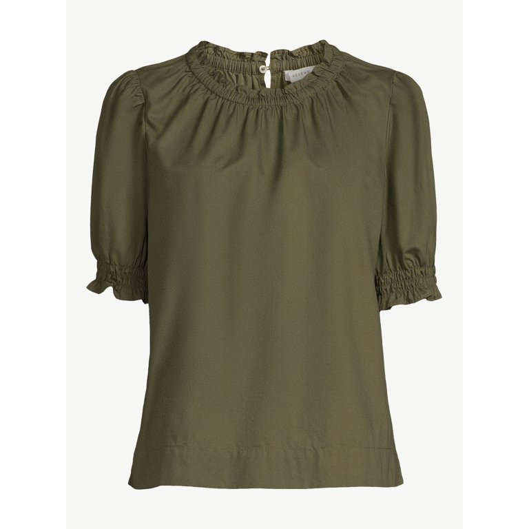 Free Assembly Women's Ruffle Neck Top with Short Puff Sleeves, Size XS-XXL | Walmart (US)