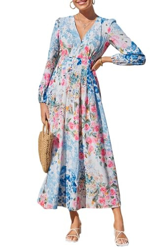 Sissyaki Womens Long Sleeve Summer Maxi Dress 2026 Floral Dress Spring Wedding Guest Dress Pink Blue Garden Floral Print S | Amazon (US)