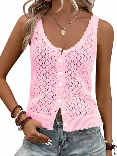 Fisoew Womens Sweater Tank Tops Summer Sleeveless Crochet Cardigan Button Down Boho Knit Going Out Vest Tops Pink | Amazon (US)