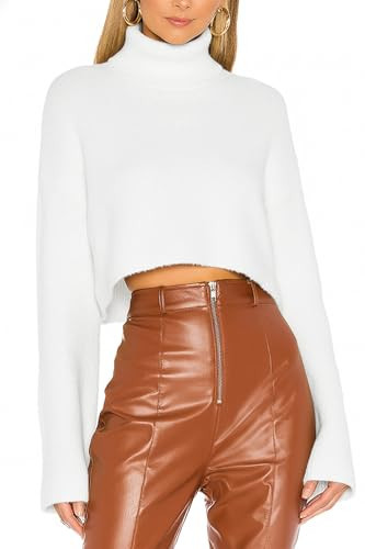 Women's Crop Sweater Turtleneck Long Sleeve Lightweight Fleece Cropped Pullover Sweater Top White Small | Amazon (US)