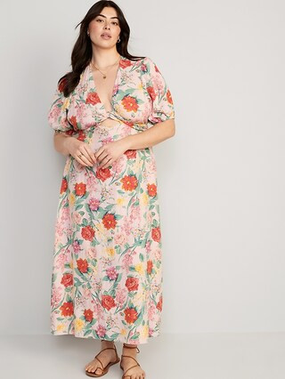 Matching Fit & Flare Floral Linen-Blend Twist-Front Maxi Dress for Women | Old Navy (US)