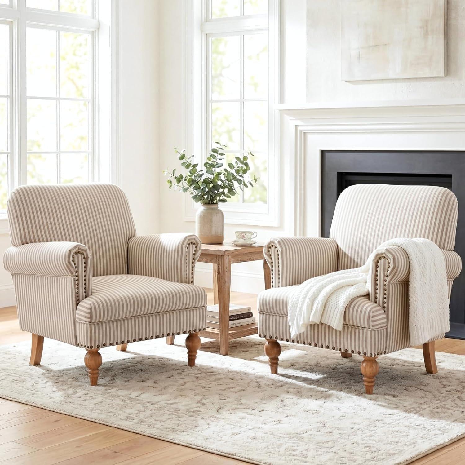 Khaki Striped Linen Fabric Accent Chairs Set of 2, Modern Farmhouse Upholstered Armchairs with Na... | Amazon (US)