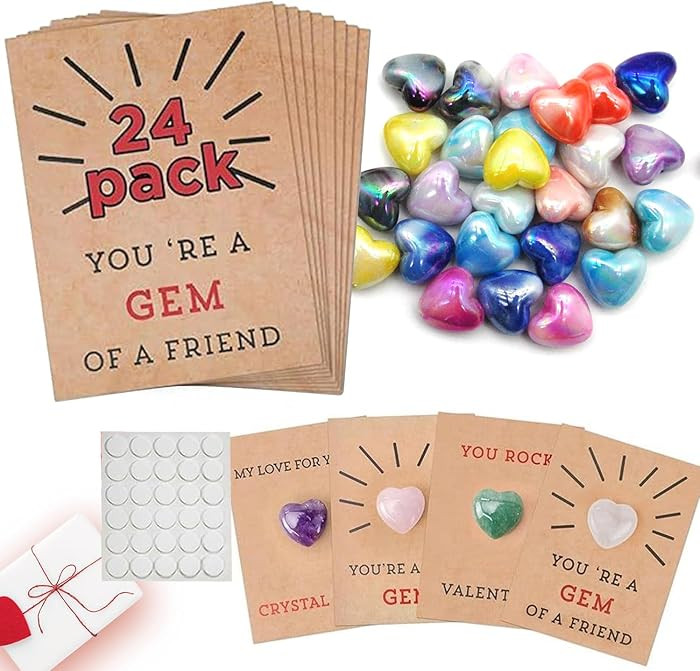 Gem Valentines Day Cards,24 Pack Valentine's Day Cards with Heart-shaped Gemstone for School Clas... | Amazon (US)