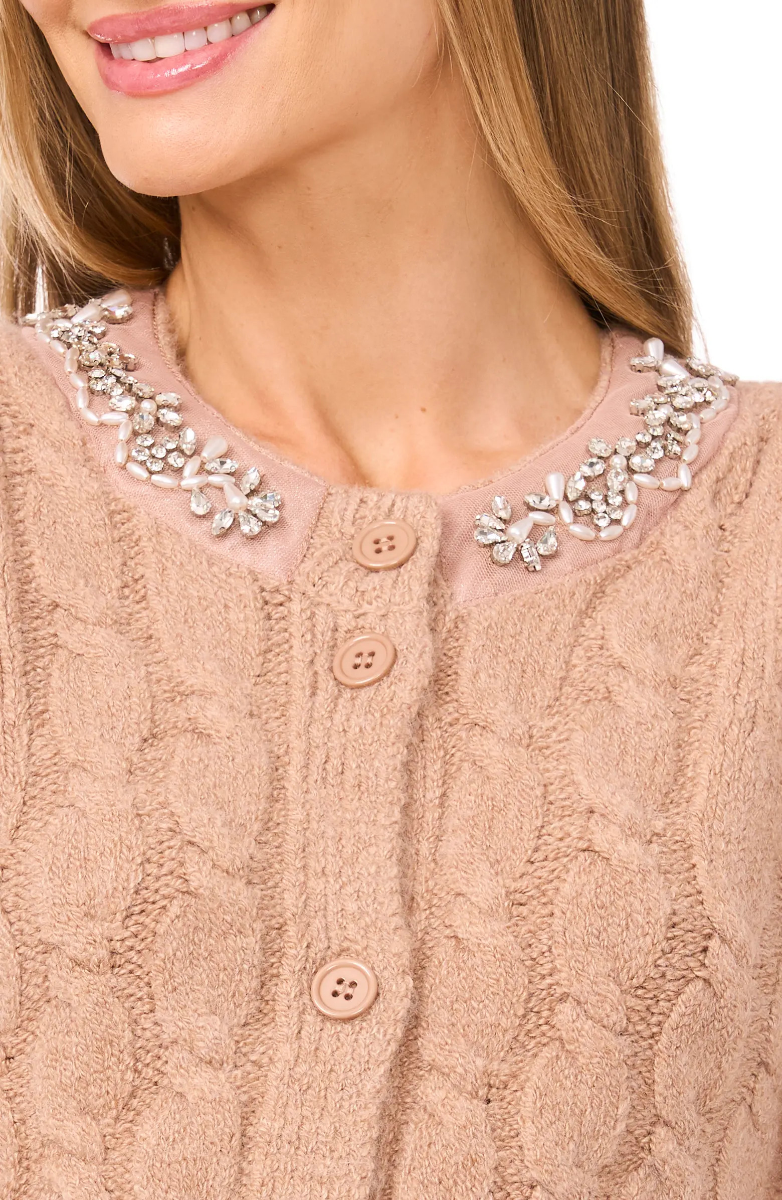 CeCe Rhinestone Neck Cable Stitch Cardigan | Nordstrom | Nordstrom
