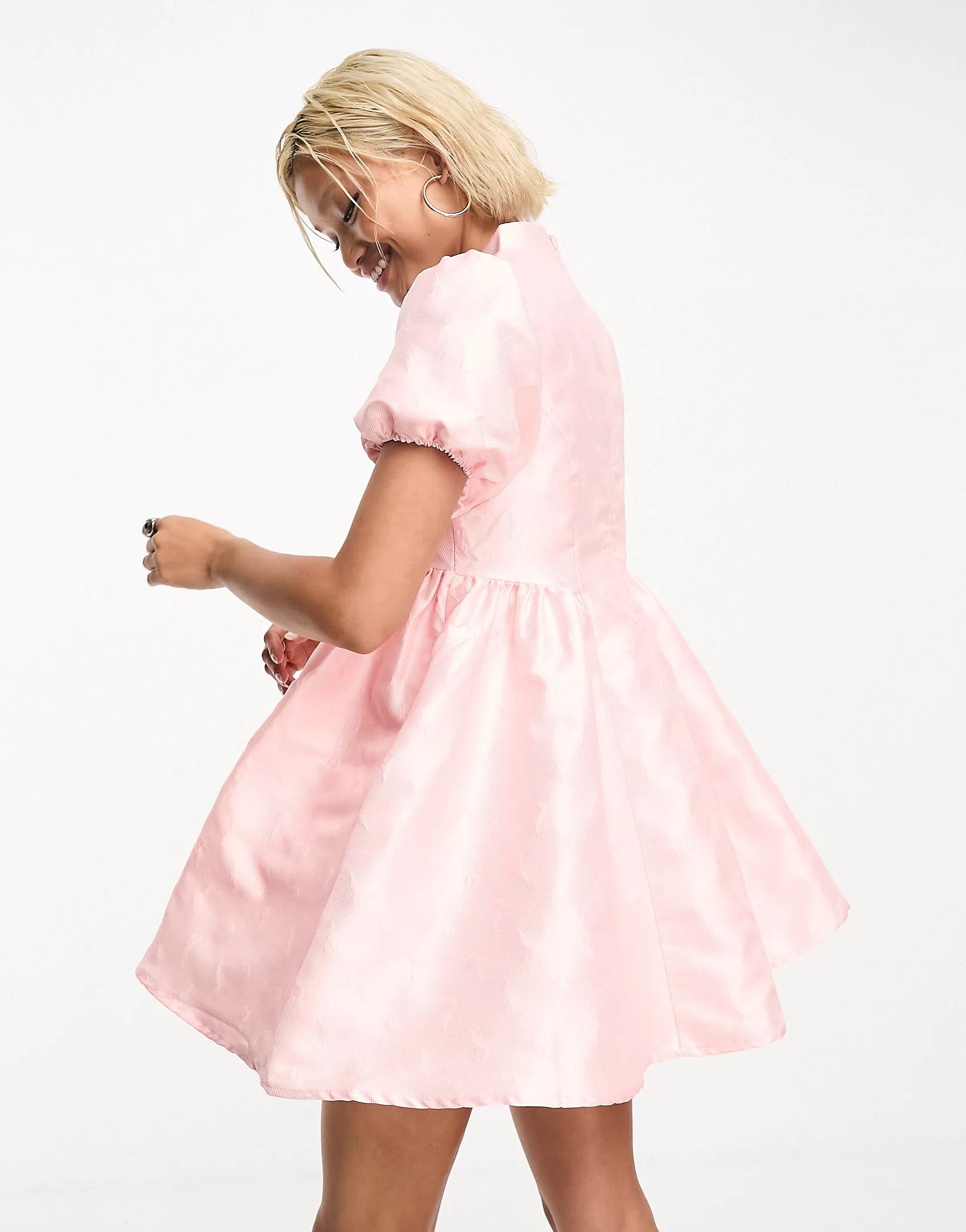Sister Jane puff sleeve jacquard mini dress in pink | ASOS (Global)