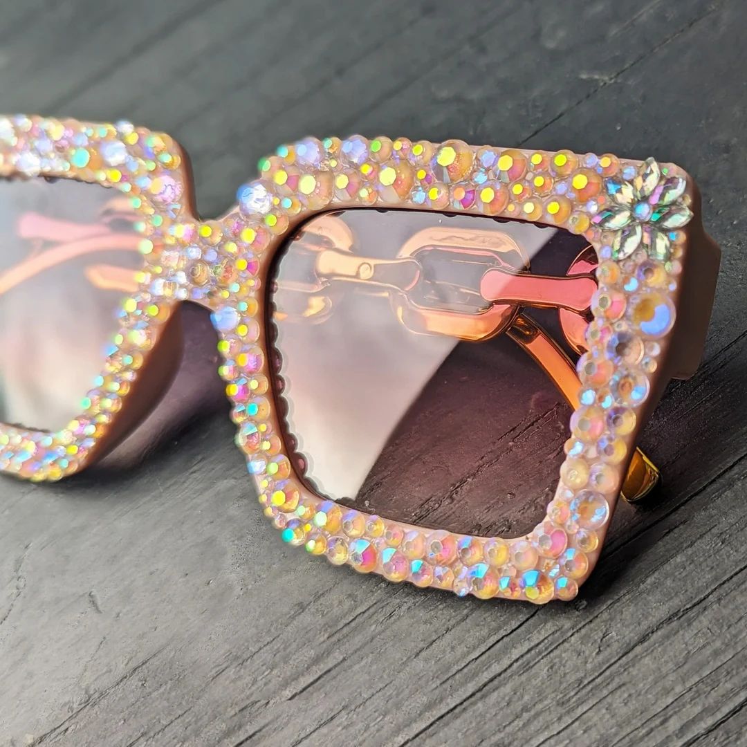 Pink Flower Oversized Square Sparkle Sunglasses / Handmade Rhinestone Glitter Shades - Etsy | Etsy (US)