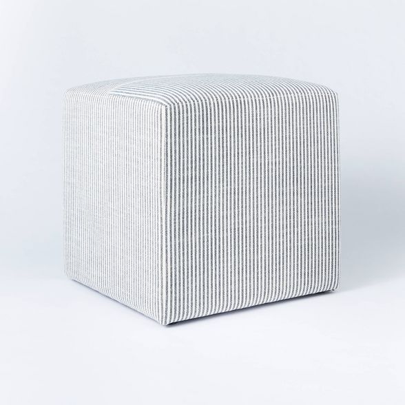 Lynwood Square Upholstered Cube Ticking Stripe Navy - Threshold™ designed with Studio McGee | Target