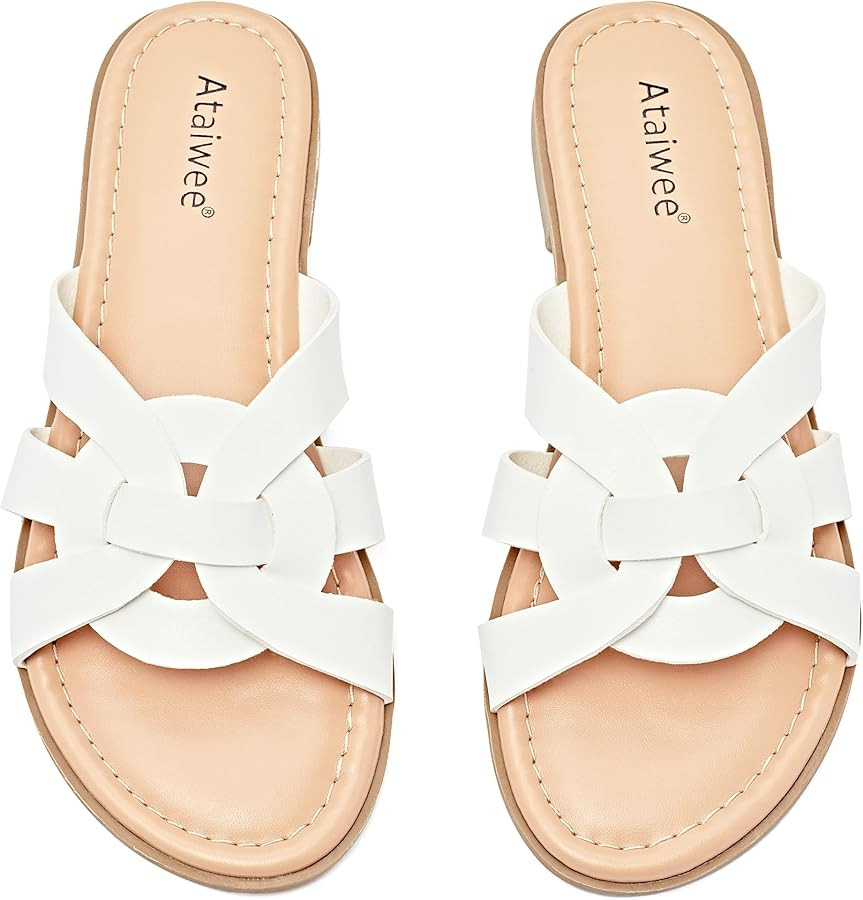 Ataiwee Women's Flat Slide Sandals - Ladies Casual Slip On Criss Cross Strap Summer Shoes. | Amazon (US)