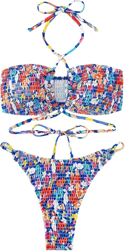 WDIRARA Women's 2 Piece Set Floral Print Tie Halter Bikini Swimsuit Swimwear | Amazon (US)