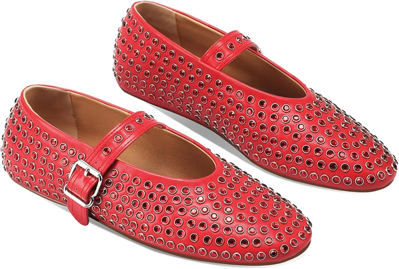 Women's Rhinestone Flats Crystal Studded Mary Jane Ballet Flats Shoes Buckle Ballerina Shoes | Amazon (US)