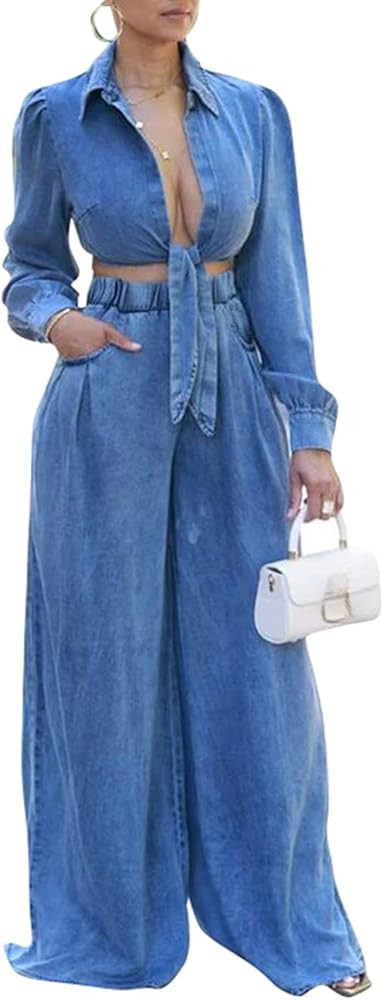 Voghtic Women's Sexy Denim 2 Pieces Outfits Fall Long Sleeve v Neck Crop Lace-Up Shirt Wide Leg P... | Amazon (US)