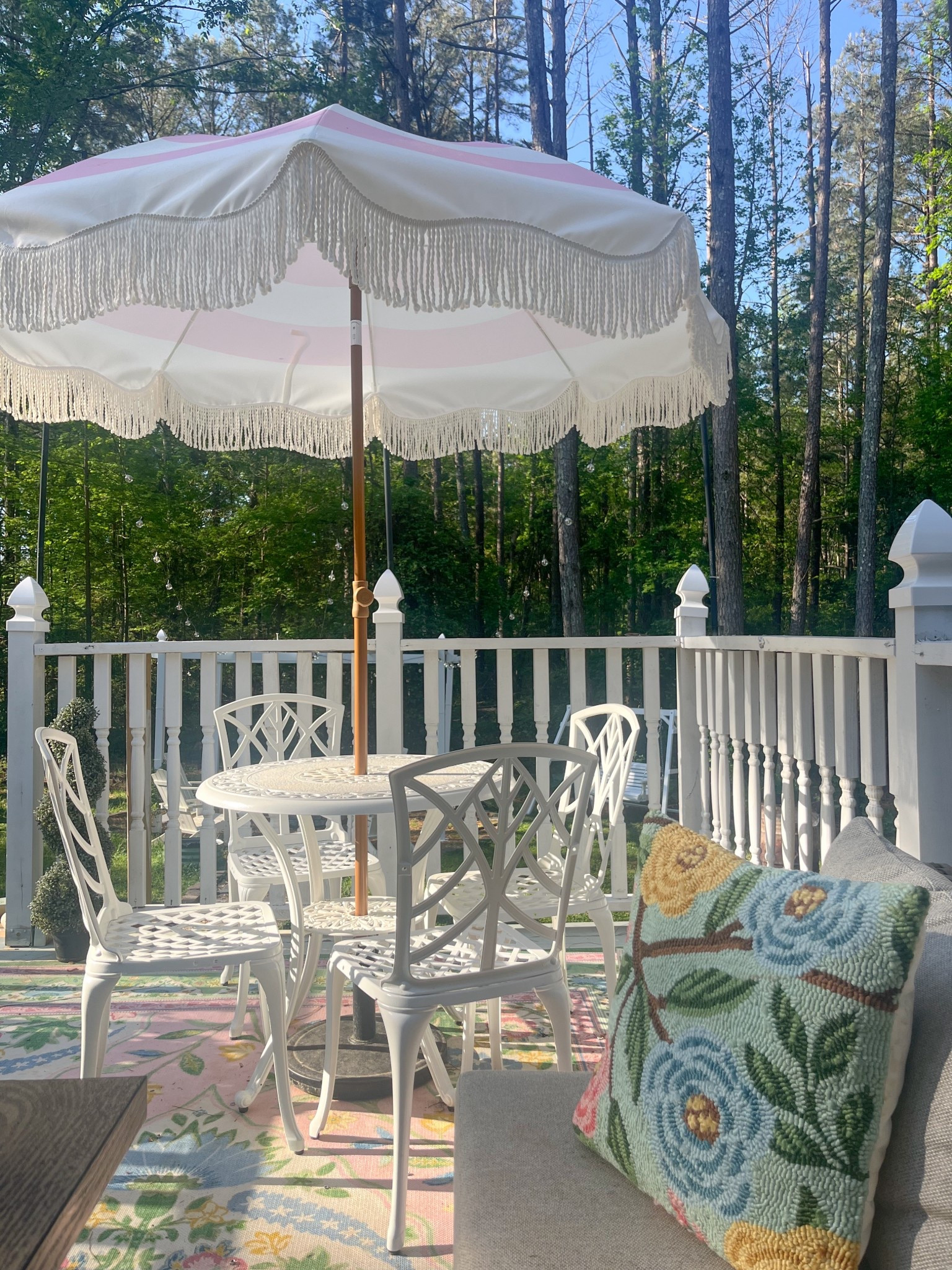 The cutest little patio said I searched forever to find one of these umbrellas that wasn’t over my budget. This was a great find and it’s so pretty.

#LTKSaleAlert #LTKSeasonal #LTKHome