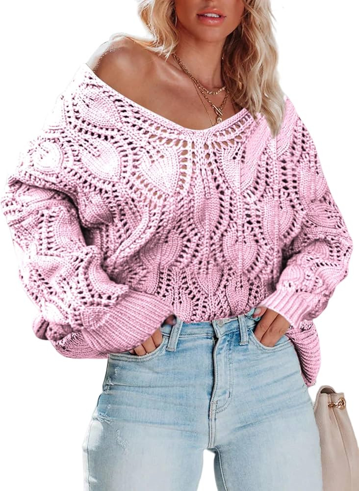 Dokotoo Fall Sweaters Round Neck Crochet Hollow Out Cute Winter Pullover Sweaters for Women Trend... | Amazon (US)