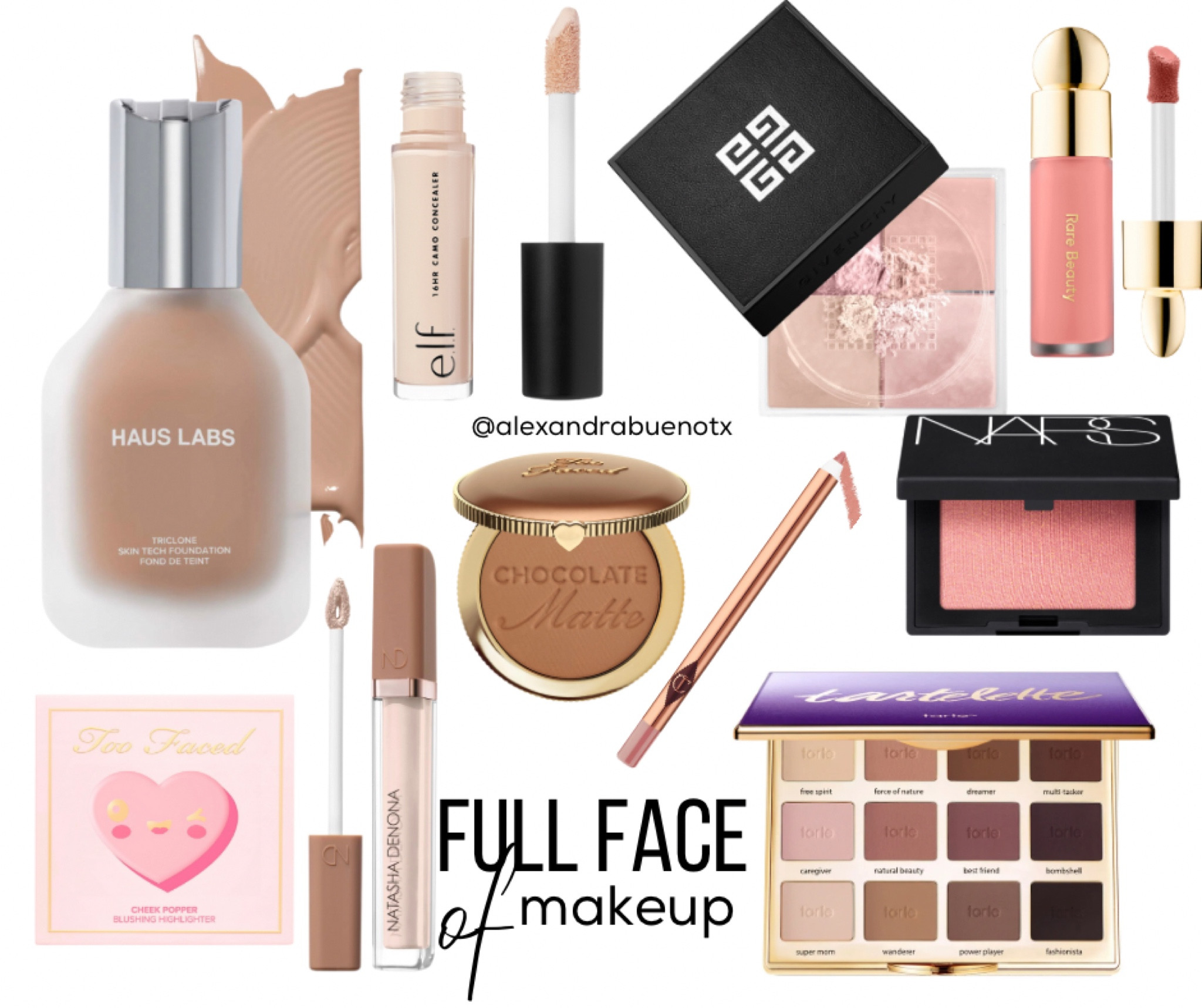 My everyday, go-to makeup products 💄

Haus Labs Foundation: 220 Light medium warm 
Natsha Denona Concealer: N1- fair Neutral 
Charlotte Tilbury Lip Liner: Pillow Talk
Givenchy Setting Powder: 3 Voile Rose 
Too Faced Blush Highlighter: pinker times ahead 
Tarte Eyeshadow Palette: Amazonian Clay Matte
Tarte Bronzer: Matte Chocolate Soleil
Nars Blush: Orgasm
Rare Beauty Liquid Blush: Hope
Elf concealer: light ivory

#LTKbeauty