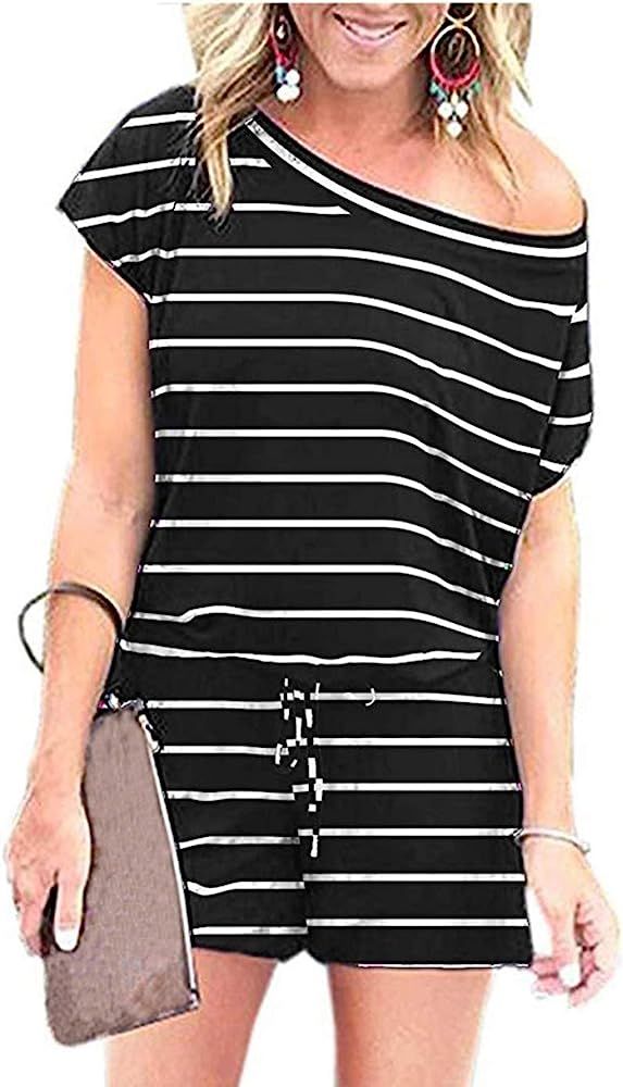 PRETTYGARDEN Women's Summer Casual Off Shoulder Short Sleeve Shorts Loose Jumpsuit Rompers with P... | Amazon (US)