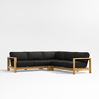 Anguilla Teak 3-Piece L-Shaped Outdoor Sectional Sofa with Black Cushions | Crate & Barrel | Crate & Barrel