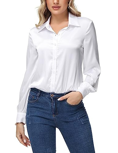 Kate Kasin Satin Shirts for Women Long Sleeve Button Down Bodysuit Dressy Silk Office Blouses Tops White XX-Large | Amazon (US)