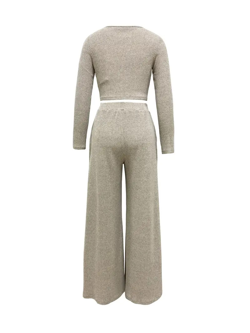 Casual Solid Two-piece Set, Crew Neck Long Sleeve Tops & High Waist Wide Leg Pants Outfits, Women... | Temu Affiliate Program