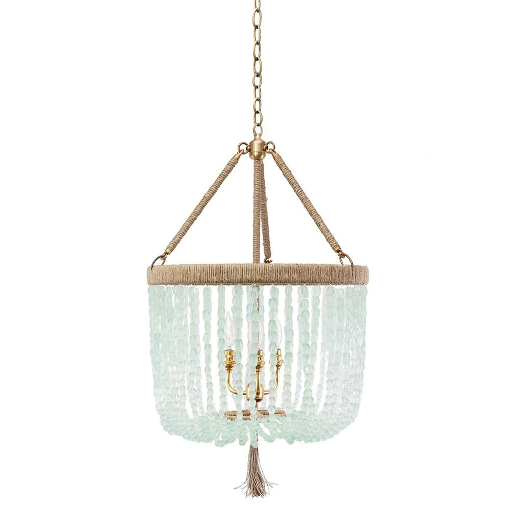 Ro Sham Beaux Malibu Coastal Recycled Glass Beads Brass Hardware Chandelier - 18" | Kathy Kuo Home