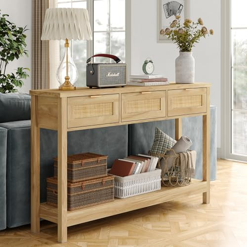 Furniouse Rattan Sofa Table Narrow Long Boho Entryway Table with 3 Drawers and Open Storage Shelf, Rattan Console Table Side Table for Hallway, Living Room, Natural Wood | Amazon (US)