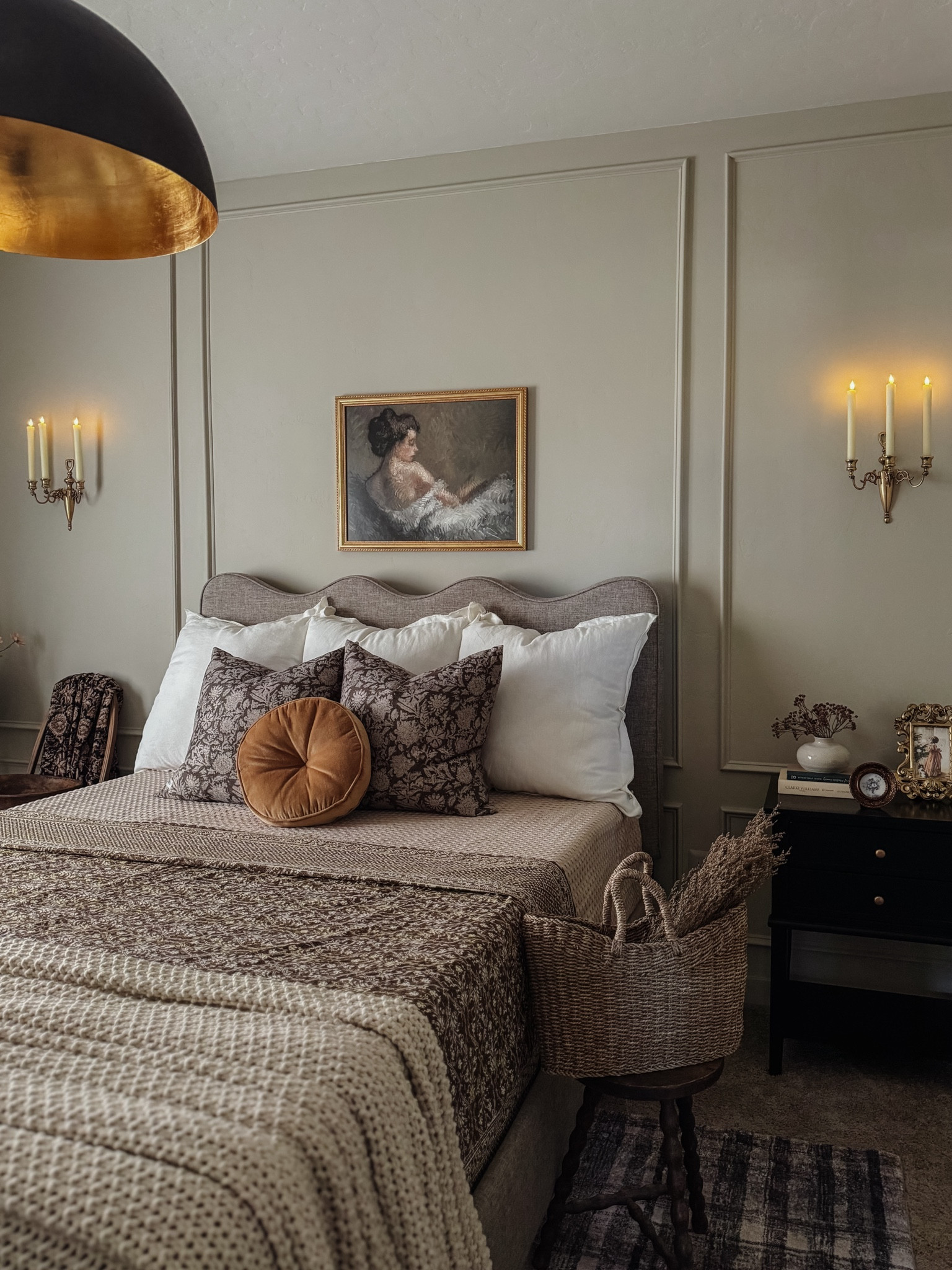 Scalloped bed frame, bedroom ideas, bedroom inspo, wavy linen bed frame, Lulu and Georgia bed, modern bed, bedding ideas, Shades of Light dome light fixture, black light fixture, farrow and ball paint, chunky knit blanket, plaid rug, neutral kantha quilt, plaid curtains, window pane curtains, Two pages pinch pleat curtains, neutral curtains, hand block print throw, Target blanket, cozy cottage vibe, window pane curtain

#LTKsalealert #LTKhome #LTKstyletip