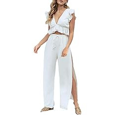 FANCYINN Womens 2 Pieces Outfits Deep V Neck Crop Top Side Slit Drawstring Wide Leg Pants Set Jum... | Amazon (US)