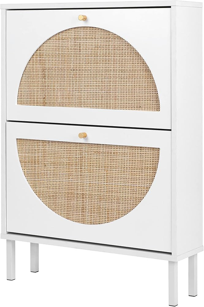 ZeHuoGe Natural Rattan Shoe Storage Cabinet with 2 Flip Drawers, 2-Tier White Free Standing Rack ... | Amazon (US)