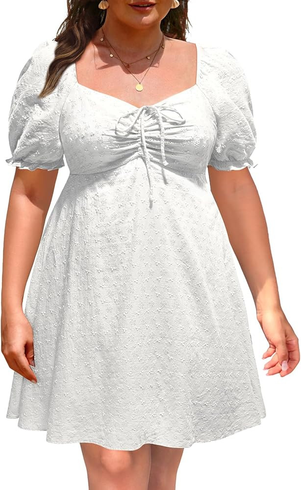 Pinup Fashion Plus Size Casual Eyelet Puff Sleeve Short Summer Sundress A Line Babydoll Cute Mini... | Amazon (US)