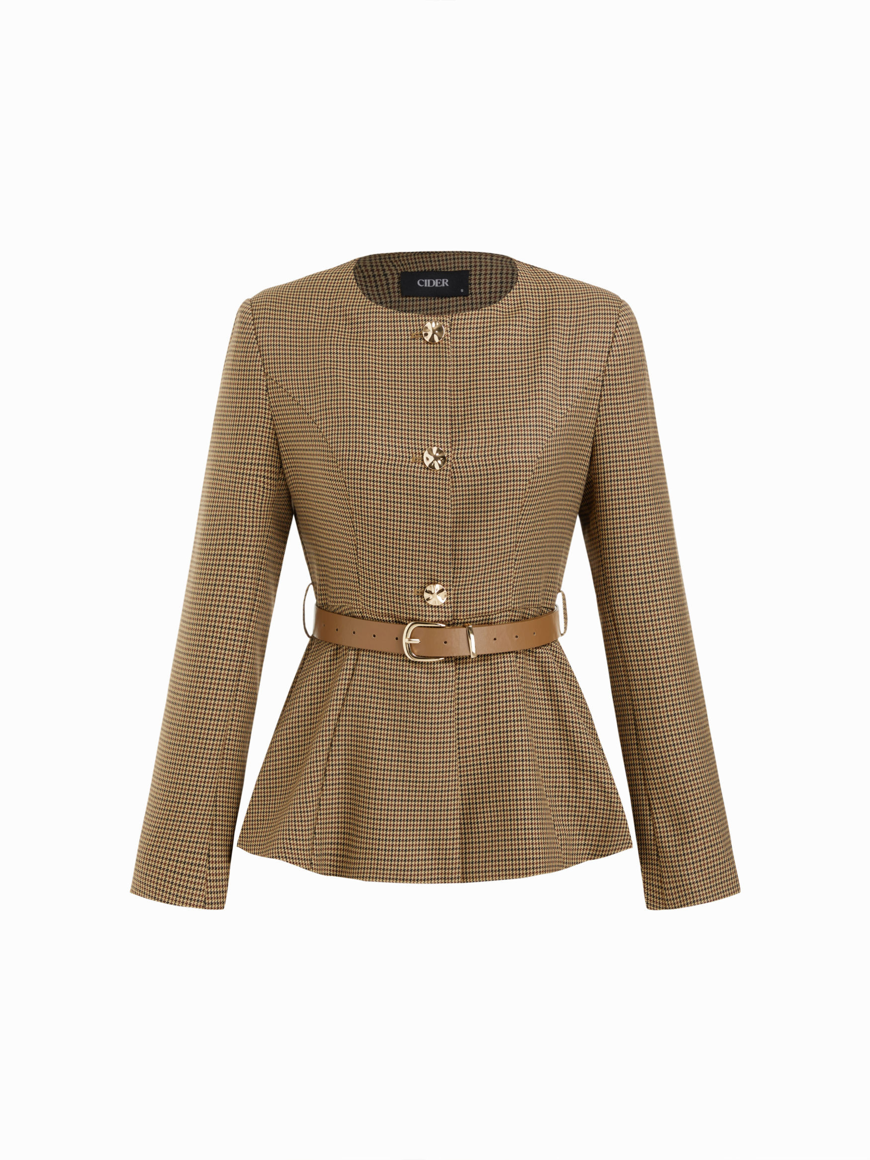 Woven Round Neckline Metal Button Pleated Blazer With Belt For Work | Cider