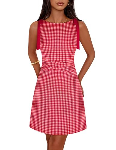 MEROKEETY Women's 2026 Summer Gingham Mini Dress Ruched Sleeveless Boat Neck Cocktail Party Beach... | Amazon (US)