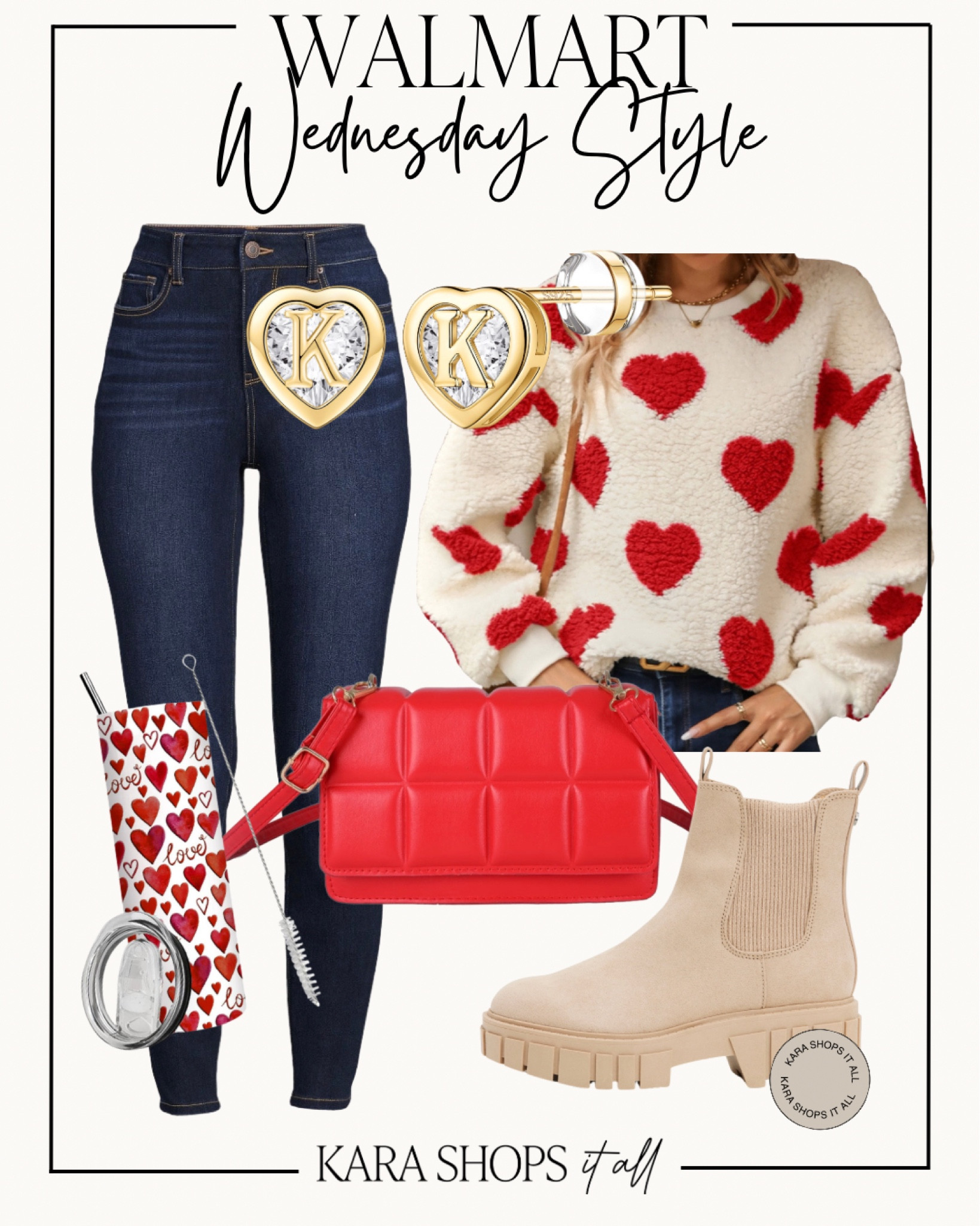Walmart Wednesday style! Love this valentine outfit style from Walmart! This heart sweater is so soft and these gold earrings are a great price! 
#Walmart #Walmartfashion #Walmartoutfits

#LTKsalealert #LTKSeasonal #LTKstyletip