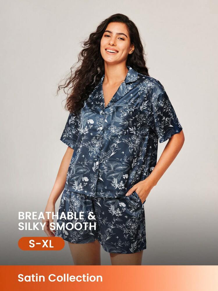 LUVLETTE Satin Floral Button-Up & Shorts Loungewear Pajama Set | SHEIN