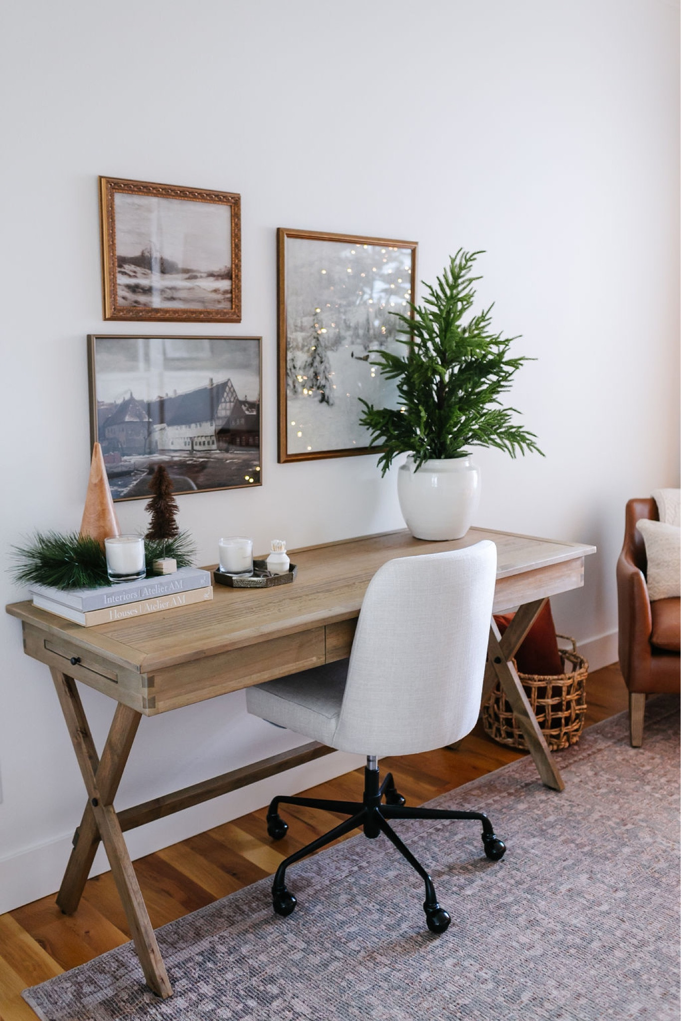 Christmas decor, holiday decor, home office, Campaign desk, upholstered desk chair, artwork, Loloi area rug, tabletop tree, leather chair 

#LTKSeasonal #LTKhome #LTKHoliday