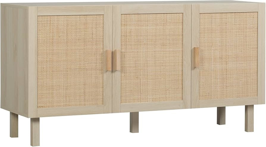 HOMCOM Sideboard Buffet Cabinet, Kitchen Cabinet, Coffee Bar Cabinet with 3 Rattan Doors and Adju... | Amazon (US)