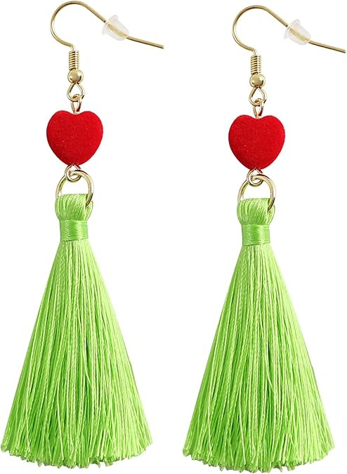 Christmas Dangle Earrings for Women Green Monster Inspired Red Heart Green Tassel Halloween Costu... | Amazon (US)